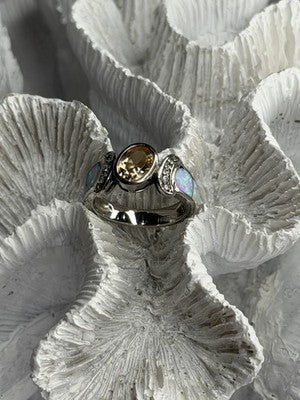 925 Sterling Silver Citrine & Opal & Beryl Ring Size 7