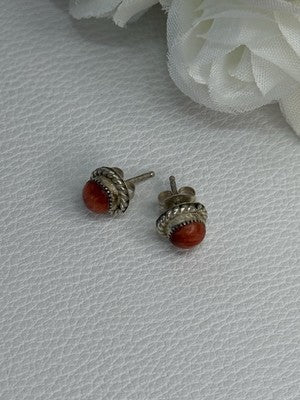 925 Sterling Silver Coral Earrings Length 0.30 Inch