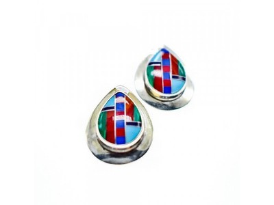 Vintage 925 Sterling Silver Agate Mosaic Stud Earrings