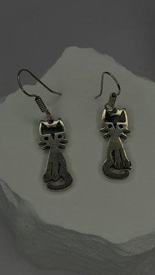 Vintage Taxco 925 Sterling Silver Green Malachite Cat Earrings