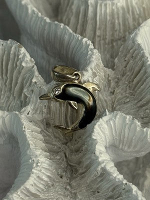 925 Sterling Silver Abalone Dolphin Pendant Length 0.90 Inch