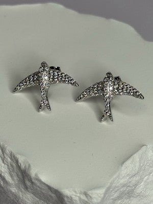 925 Sterling Silver Swallow Stud Earrings CZ Length 0.55 Inch