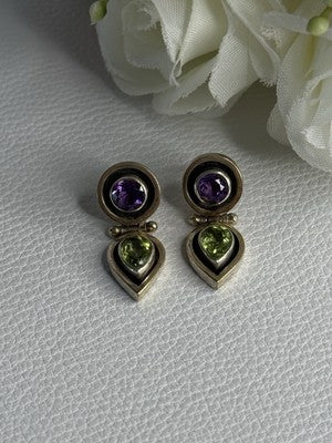925 Sterling Silver Amethyst & Peridot Earrings Length 1 Inch