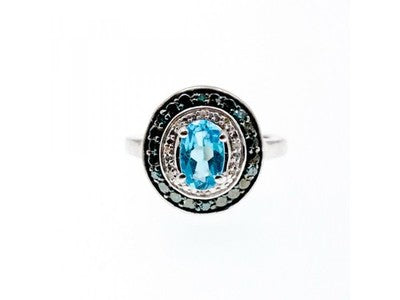 925 Sterling Silver Aquamarine & Spinel Ring Size 6.75