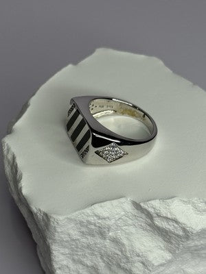 925 Sterling Silver Black Enamel & CZ Men'S Ring Size 11
