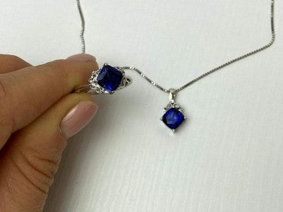 925 Sterling Silver London Blue Topaz Ring & Chain With Pendant Set