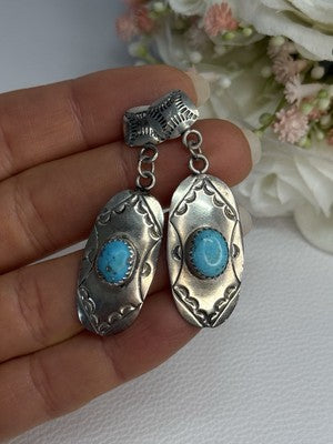 Vintage Native American 925 Sterling Turquoise Silver Earrings Length 1.90 Inch