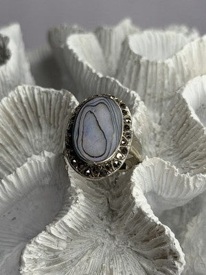 925 Sterling Silver Abalone & Marcasite Ring Size 9