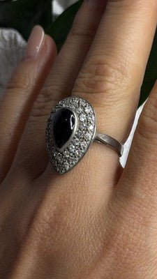 Vintage 925 Sterling Silver Black Onyx & Clear Topaz Stones Ring Size 7.5