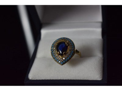 925 Sterling Silver Gold Plated Blue Alpanite, Turquoise & CZ Ring Size 8