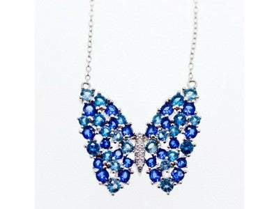925 Sterling Silver Aquamarine & Tourmaline "Butterfly" Necklace