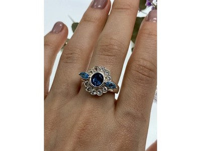 925 Sterling Silver Aquamarine & Goshenite Ring Size 9