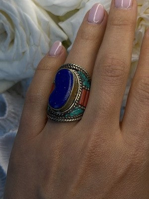 Vintage 925 Sterling Silver Lapis Lazuli Turquoise Coral Ring Size 7.5