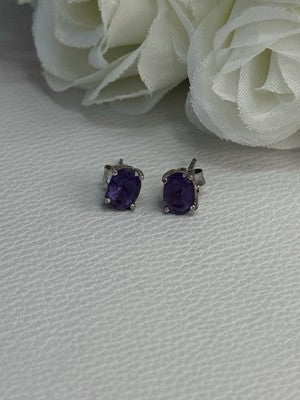 925 Sterling Silver Amethyst Earrings Length 0.27 Inch