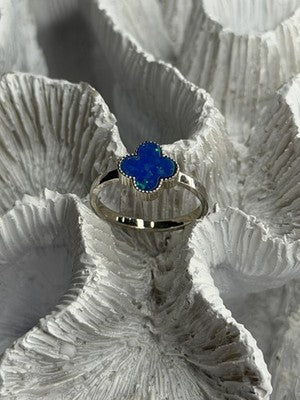 Clover 925 Sterling Silver Blue Simulated Opal Ring Size 7