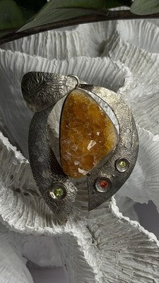 Large 925 Sterling Silver Baltic Amber Peridot Citrine Tourmaline Pendant