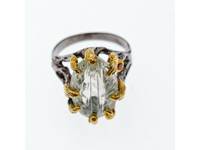 925 Blackened Silver With Gilding Green Amethyst & Heliodor Ring Size 9.75