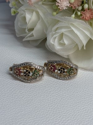 925 Sterling Silver Gold Plated Ruby Sapphire Emerald Earrings Length 0.95 Inch