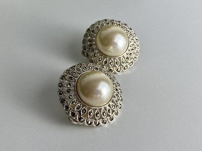 Vintage 925 Sterling Silver Pearl & Marcasites Clip-On Earrings