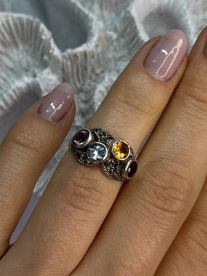 925 Sterling Silver Garnet, Citrine, Topaz, Amethyst & Marcasite Ring Size 5.5