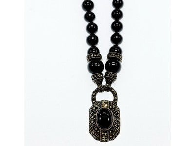 Vintage 925 Sterling Silver Black Jade and Marcasites Necklace