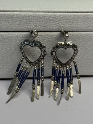 Vintage Native American 925 Sterling Silver Lapis Earrings Length 2.50 Inch