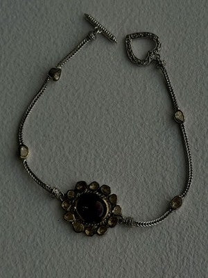Antique Djoy 925 Sterling Silver Ruby & Beryl Flower Heart Bracelet 7