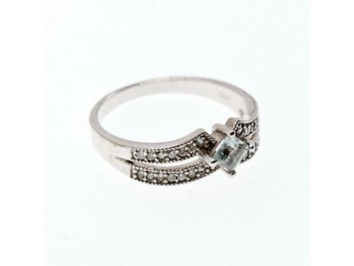 925 Sterling Silver Aquamarine & CZ Ring Size 11