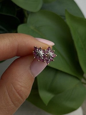 10K Yellow Gold Ruby & Diamond Flower Earrings