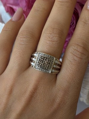 Mens 925 Sterling Silver White & Brown Tourmaline Ring Size 10.5