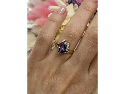 925 Sterling Silver Gold Plated Amethyst & CZ Ring Size 7