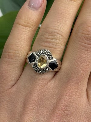 925 Sterling Silver Citrine & Onyx & Marcasite Ring Size 7
