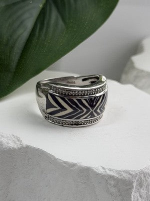 JWBR 925 Sterling Silver Enamel Zebra Stripe Diamonds Ring Size 8