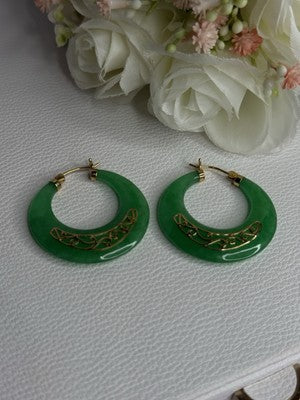 925 Sterling Silver Gold Plated Green Nephrite Jade Earrings Length 1.40 Iinch