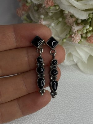 Vintage Jeneva J.A. 925 Sterling Silver Black Onyx Earrings Length 1.60 Inch