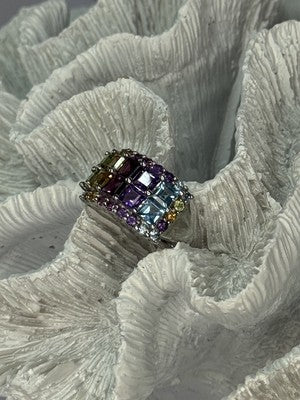 925 Sterling Silver Multicolor Stones Ring Size 7