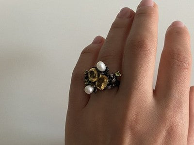 925 Sterling Blackened Silver Citrine, Peridot and Pearls Ring Size 7