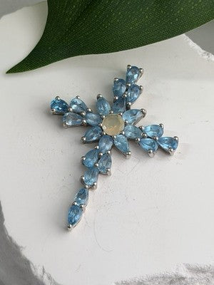 925 Sterling Silver Blue Topaz & Opal Pendant Cross