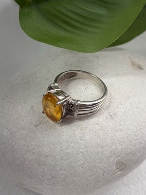 925 Sterling Silver Citrine & Marcasite Ring Size 8