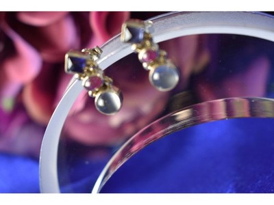 925 Sterling Silver Moonstone, Sapphire & Ruby Stud Earrings