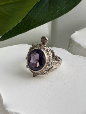 925 Sterling Silver Turtle Amethyst & Marcasite Ring Size 6