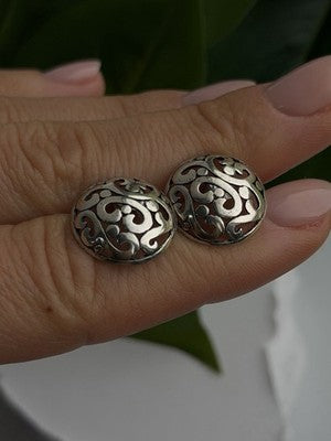 Vintage Scroll Stud Ornate Filigree Dome 925 Sterling Silver Earrings