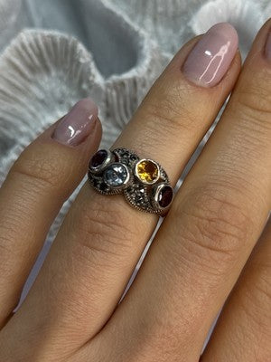 925 Sterling Silver Garnet, Citrine, Topaz, Amethyst & Marcasite Ring Size 5.5