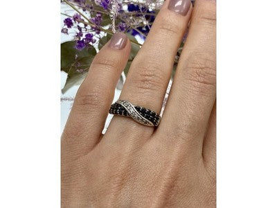 925 Sterling Silver Black & White Tourmaline "Yin Yang" Ring Size 6.5