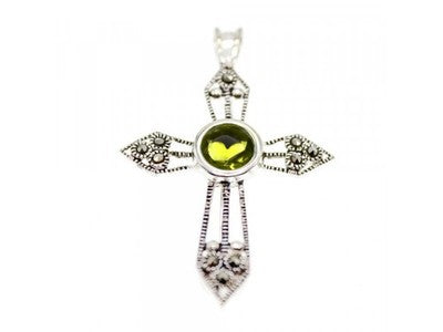 925 Sterling Silver Peridot & Marcasite Cross Pendant