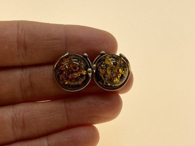 Vintage 925 Sterling Silver Amber Stud Earrings Italy