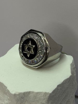 925 Sterling Silver Star of David Onyx & CZ Ring Size 9.5