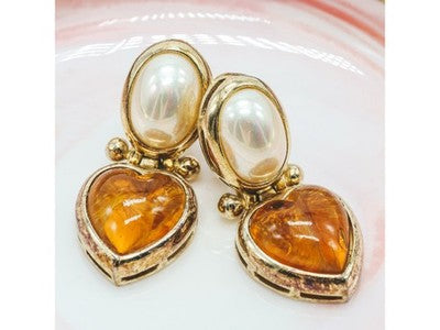 Vintage 800 Silver Gold Plated Amber & Mother OF Pearl "Heart" Earrings