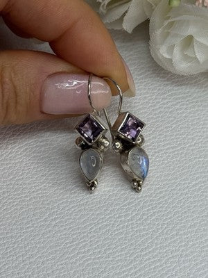 925 Sterling Silver Amethyst & Moonstone Earrings Length 1.30 Inch