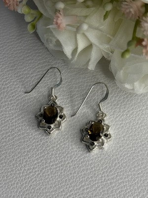 925 Sterling Silver Hessonite & Marcasite Earrings Length 1.10 Inch
